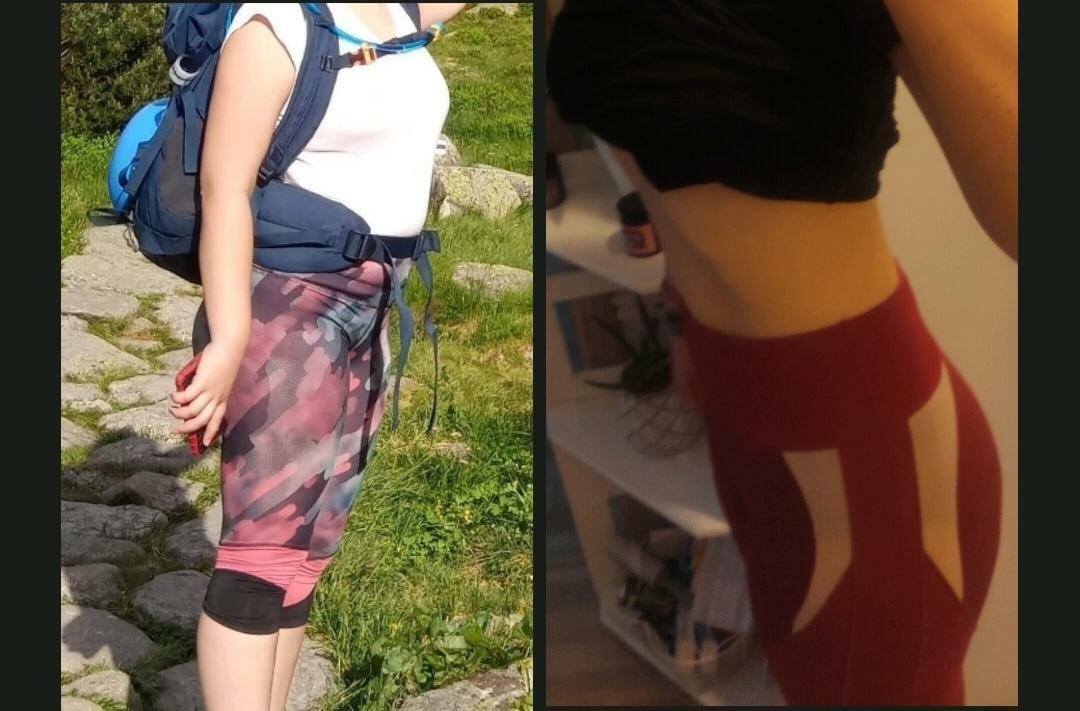 Porównanie sylwetki: kobieta w górach z plecakiem przed dietą i po diecie w czerwonych legginsach.