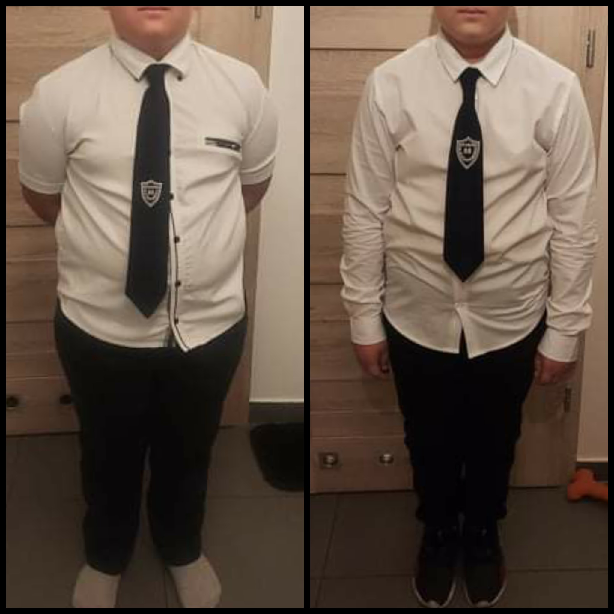 Porównanie sylwetki chłopca przed i po zmianie diety i stylu życia, widoczne różnice w wyglądzie w koszuli i krawacie z emblematem.