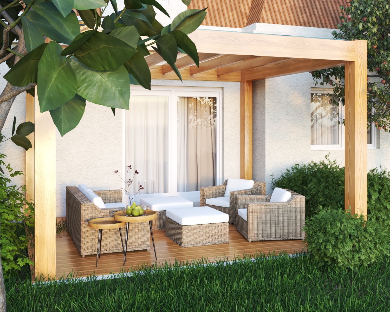 Wizualizacja tarasu z drewnianą pergolą, rattanowymi meblami ogrodowymi i zielonym trawnikiem, oświetlona ciepłym światłem, z widocznymi detalami tekstury drewna i roślinności.