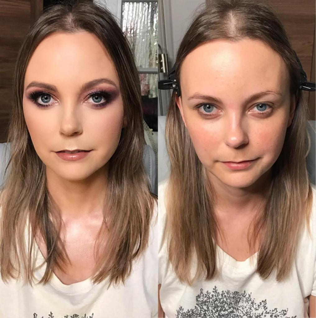 Portret kobiety przed i po wykonaniu upiększenia, widoczne różnice w kolorystyce i konturowaniu twarzy, zwłaszcza w okolicach oczu i ust.