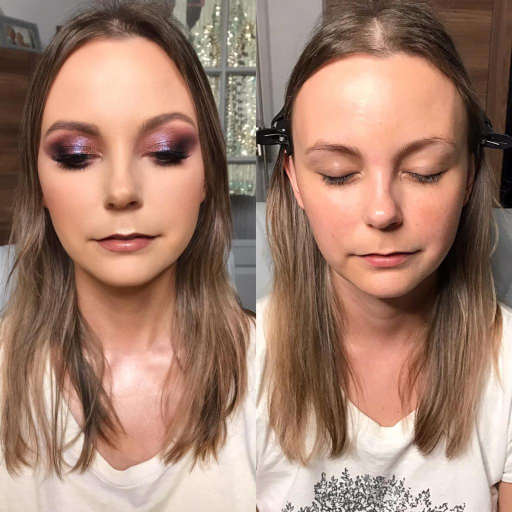 Portret kobiety przed i po wykonaniu profesjonalnej stylizacji oczu z użyciem ciemnych, połyskujących cieni i rozświetlacza na policzkach, widoczne spinki podtrzymujące włosy przed zabiegiem.