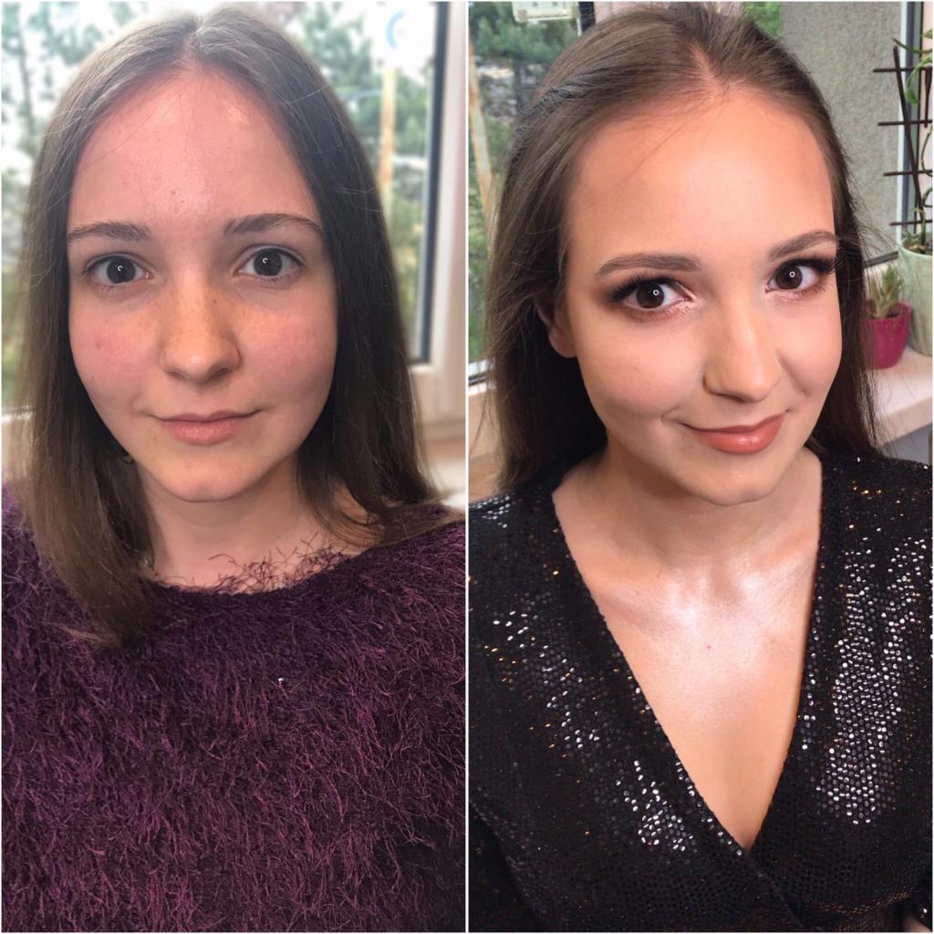 Portret kobiety przed i po aplikacji kosmetyków upiększających; po lewej naturalna cera z lekkimi piegami, po prawej wykonturowana twarz z podkreślonymi oczami i ustami w błyszczącym topie.