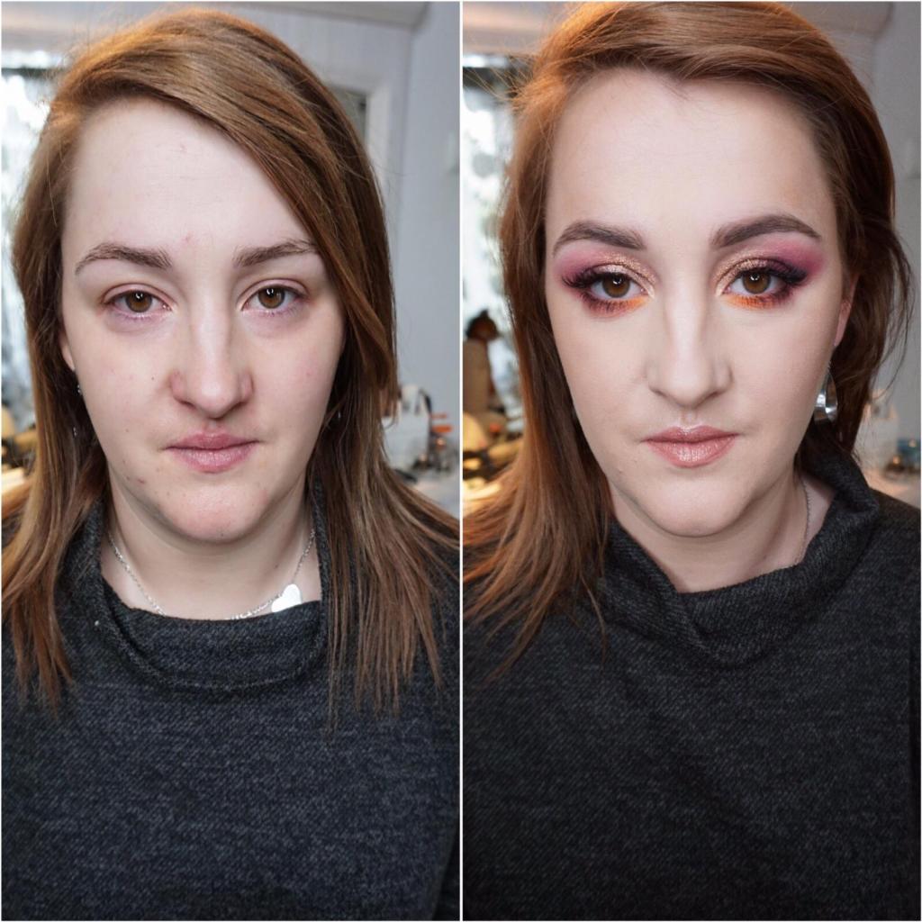 Portret kobiety przed i po aplikacji kosmetyków kolorowych, z uwzględnieniem cieni do powiek w odcieniach różu, złota i fioletu oraz delikatnego błyszczyka na ustach.