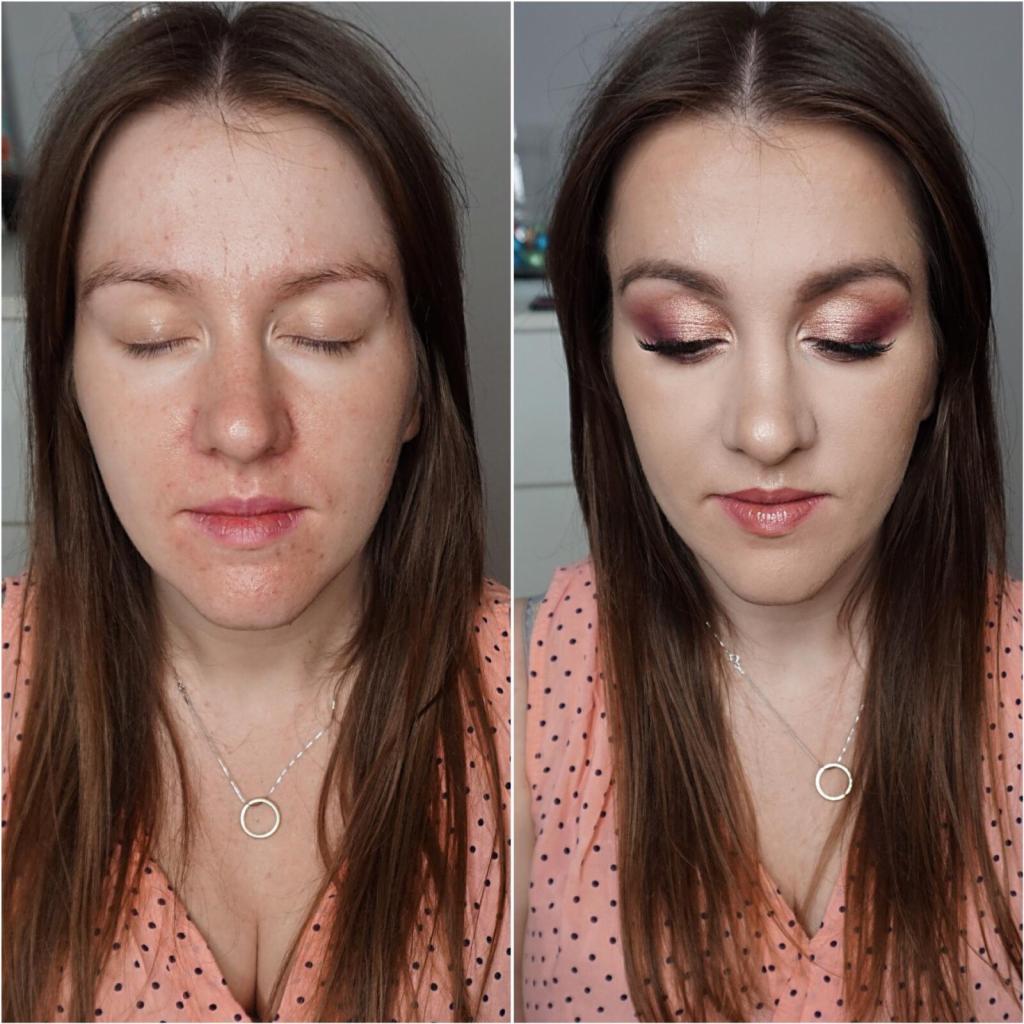 Porównanie przed i po makijażu: cera z niedoskonałościami kontra wyrównany koloryt, podkreślone oczy z różowo-złotym cieniem i sztucznymi rzęsami, delikatny błyszczyk na ustach, widoczna srebrna...
