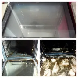 Kolaż przedstawiający wnętrze brudnego piekarnika przed i w trakcie czyszczenia, z widoczną pianą czyszczącą na dnie.