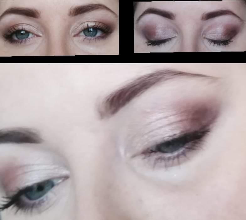 Zbliżenie na oczy z delikatnym, brązowo-różowym cieniowaniem powiek, podkreślone brwi i rzęsy, widoczne trzy różne ujęcia.
