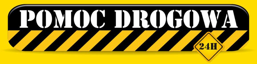 Grafika z napisem 'POMOC DROGOWA' w białych literach na czarnym tle z żółto-czarnymi pasami oraz symbolem 24H w żółtym rombie, całość na żółtym tle.