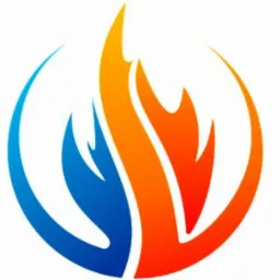 Stylizowane logo przedstawiające płomień w odcieniach niebieskiego i pomarańczowego, otoczone dwoma symetrycznymi, zakrzywionymi elementami.