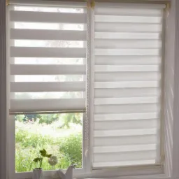 Okno z dwoma panelami, na jednym podniesiona, na drugim opuszczona, pozioma żaluzja z naprzemiennymi przezroczystymi i nieprzezroczystymi pasami, widok na zieleń za oknem, mała roślina w wazonie...