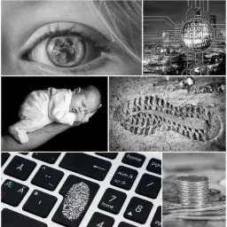 Czarno-biała kompozycja: oko z odbiciem pary, ślad buta, niemowlę, klawiatura z odciskiem palca, monety, sfera z napisem 'SECURITY' na tle miasta.