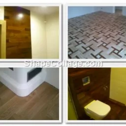 Kolaż czterech zdjęć prezentujący wnętrze łazienki z drewnianymi akcentami: fragment ściany z drewnianą okładziną, wzorzysta podłoga ułożona z małych elementów, podstawa toalety z drewnianą podłogą...