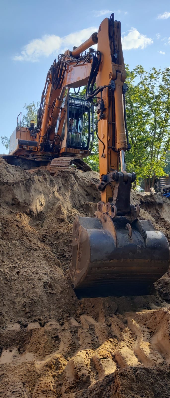 Żółta koparka hydrauliczna z operatorem w kabinie, zagłębiająca łyżkę w piaszczystym wykopie, widoczne ślady gąsienic na ziemi, drzewa w tle.
