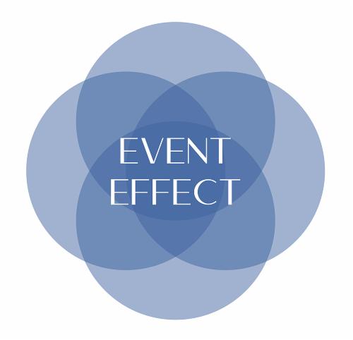 Abstrakcyjne logo firmy Event Effect z czterema nakładającymi się, półprzezroczystymi, błękitnymi okręgami na białym tle.