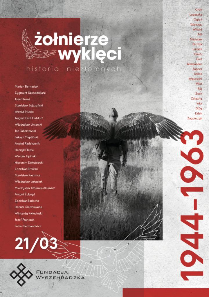 Grafika promująca pamięć o Żołnierzach Wyklętych: sylwetka żołnierza z rozpostartymi skrzydłami orła na tle łąki, zestawienie nazwisk i pseudonimów, daty 1944-1963, logo Fundacji Wyszehradzkiej...