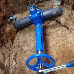 Niebieski zaw&oacute;r wodny z rurą w wykopie, dokręcany kluczem nasadowym; widoczne warstwy ziemi i piasku.