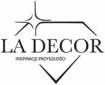 Czarno-białe logo firmy LA DECOR z hasłem 'Inspiracje Przyszłości' poniżej nazwy, umieszczone w geometrycznej ramie przypominającej diament.
