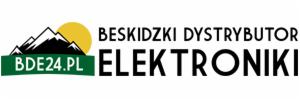 Logo firmy Beskidzki Dystrybutor Elektroniki z adresem BDE24.pl, góry i słońce w tle.