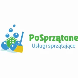Grafika wektorowa: Logo firmy sprzątającej z motywem domu, bąbelków i miotły, napis 'PoSprzątane Usługi sprzątające'.