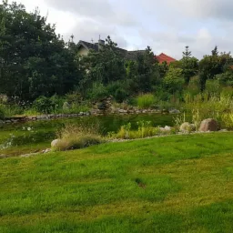 Oczko wodne w ogrodzie z kamiennym brzegiem i kaskadą, otoczone zielenią, widok na dom z czerwonym dachem w tle.