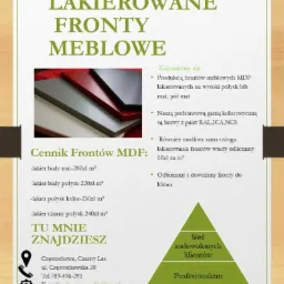 Plakat reklamowy firmy oferującej lakierowane fronty meblowe z MDF, zawierający cennik i dane kontaktowe.
