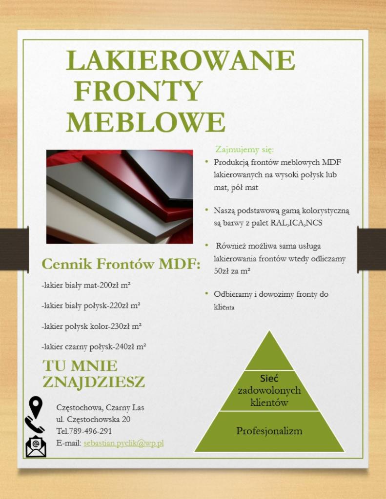 Plakat reklamowy firmy oferującej lakierowane fronty meblowe z MDF, zawierający cennik i dane kontaktowe.