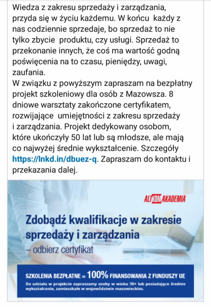 Reklama bezpłatnych szkoleń z zakresu sprzedaży i zarządzania dla osób 50+ z Mazowsza, z możliwością uzyskania certyfikatu, logo Altkom Akademia w prawym górnym rogu.