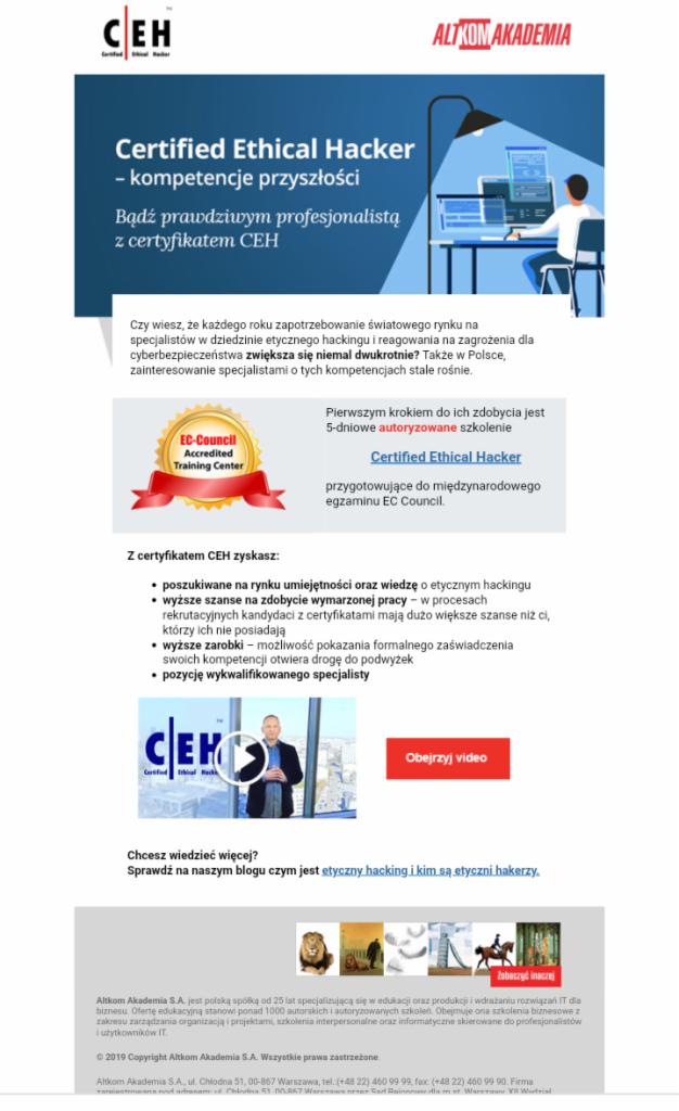 Plakat reklamujący kurs Certified Ethical Hacker (CEH) organizowany przez Altkom Akademię, podkreślający korzyści z uzyskania certyfikatu i możliwości rozwoju w dziedzinie cyberbezpieczeństwa.