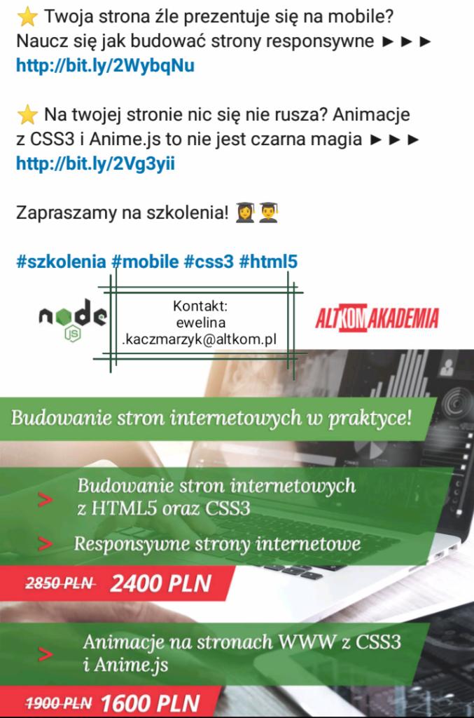 Grafika reklamowa szkolenia z budowy stron internetowych, z informacją o budowaniu stron responsywnych z HTML5 i CSS3 oraz animacjach z CSS3 i Anime.js, logo Altkom Akademia, dane kontaktowe.