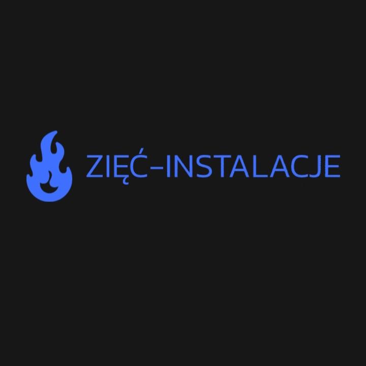 Niebieskie logo firmy 'ZIĘĆ-INSTALACJE' z symbolem płomienia po lewej stronie, na czarnym tle.
