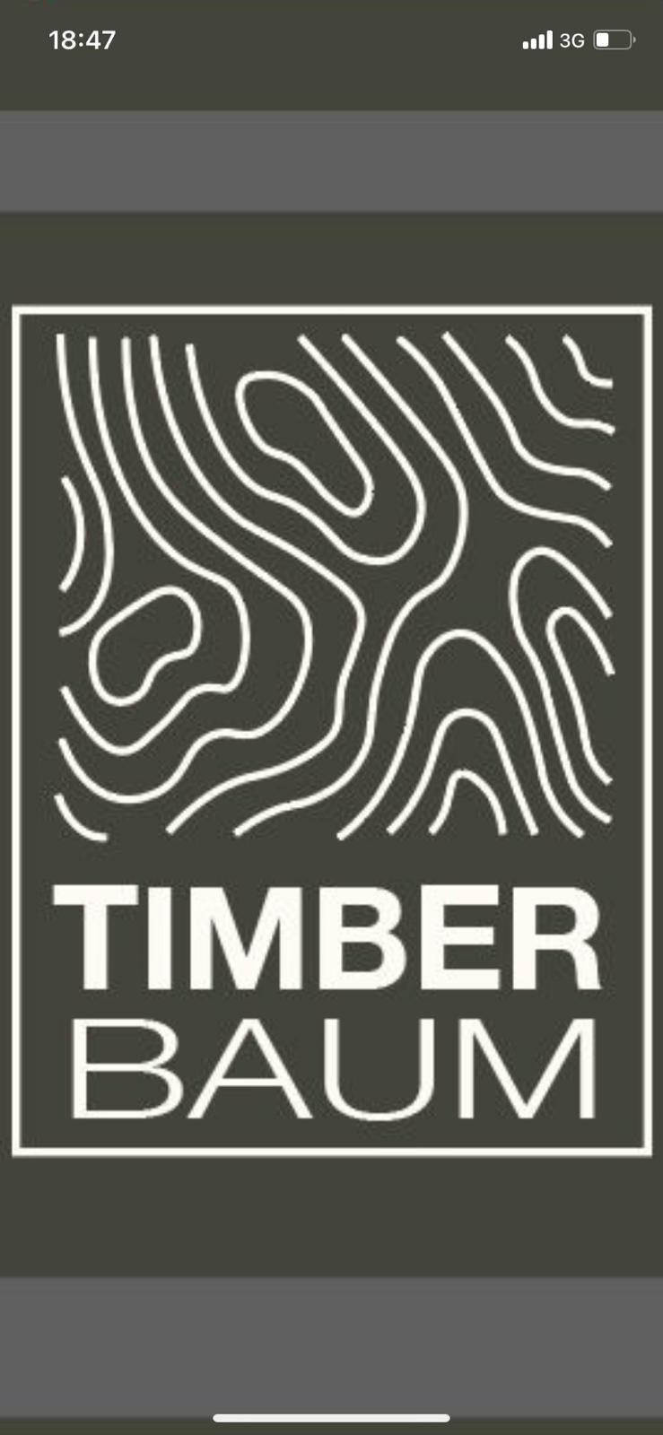 Grafika z napisem TIMBER BAUM w obramowaniu, nad napisem abstrakcyjny rysunek przypominający przekrój drewna, całość w stonowanej kolorystyce.