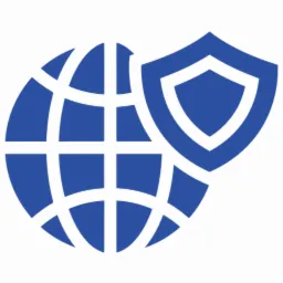 Grafika wektorowa przedstawiająca niebieską kulę ziemską z siatką południków i równoleżników, chronioną przez niebieską tarczę.