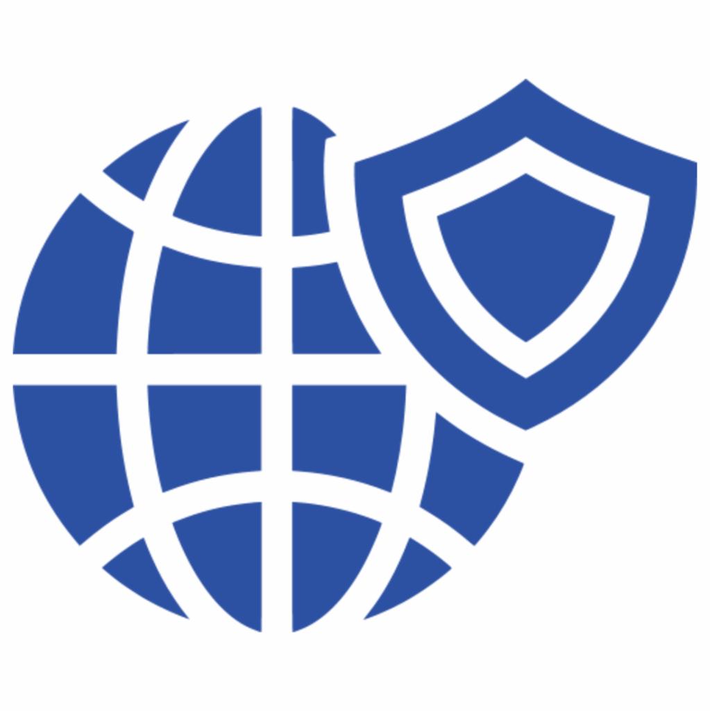 Grafika wektorowa przedstawiająca niebieską kulę ziemską z siatką południków i równoleżników, chronioną przez niebieską tarczę.