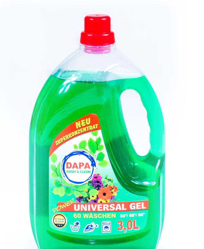 Butelka 3-litrowego, uniwersalnego żelu do prania DAPA Wash & Clean, przeznaczona do 60 prań w temperaturach 30, 60 i 90 stopni, dostępnego w Sosnowcu.