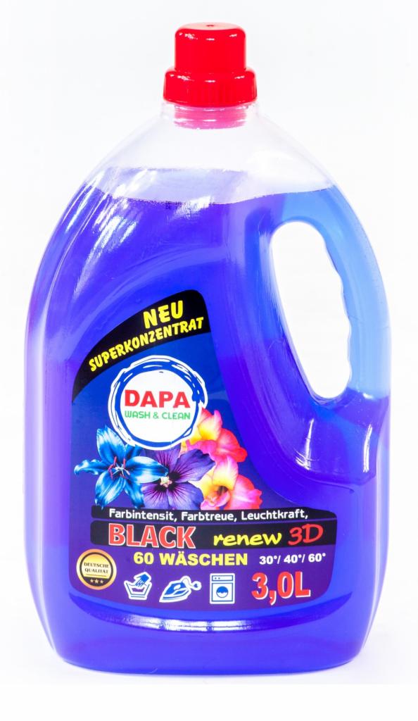 Butelka z płynem do prania tkanin ciemnych, marki DAPA, o pojemności 3 litrów, z etykietą informującą o właściwościach produktu i rekomendowanych temperaturach prania.