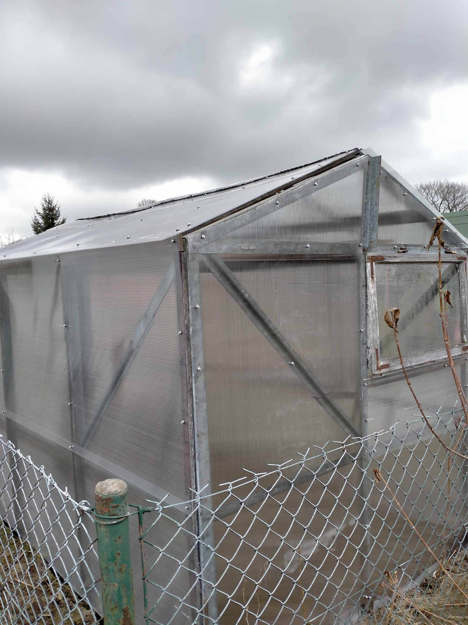 Szklarnia ogrodowa z metalową ramą i poliwęglanowymi ścianami, otoczona siatką ogrodzeniową na tle pochmurnego nieba.