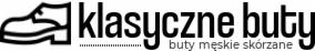 Czarno-białe logo firmy obuwniczej: schematyczny rysunek buta i napis 'klasyczne buty, buty męskie skórzane'.