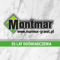 Logo firmy Montmar specjalizującej się w marmurze i granicie, z zielonym obramowaniem i napisem '25 lat doświadczenia' na tle marmurowej tekstury.