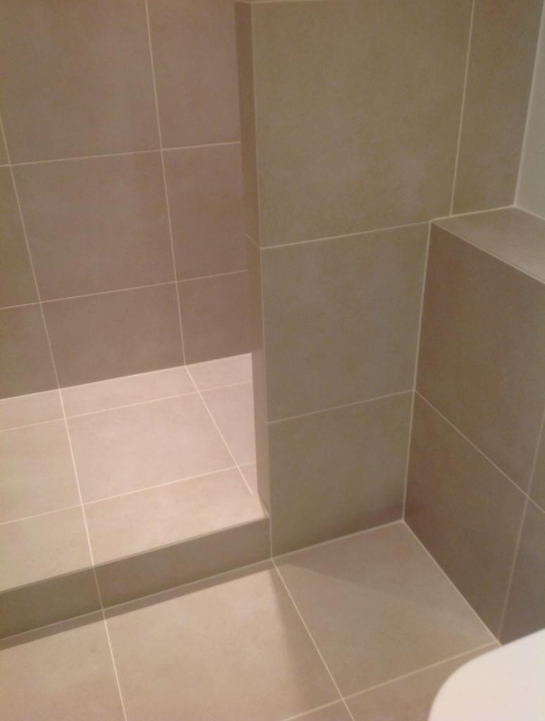 Beżowe, matowe płytki ceramiczne ułożone w kabinie prysznicowej typu walk-in z niskim progiem. Widoczny fragment ściany z półką. Minimalistyczny styl wykończenia.