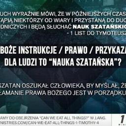 Usługi Transportowe - Grafika z cytatem z 1 Listu do Tymoteusza 4:1, pytaniem o to, czy Boże instrukcje to nauka szatańska, i informacją o oszustwie Szatana, z logo 119 Ministries w prawym dolnym rogu.