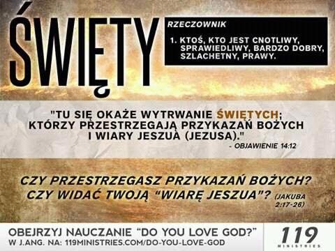 Tekst z definicją słowa 'Święty', cytatami biblijnymi i odniesieniem do strony internetowej 119ministries.com.
