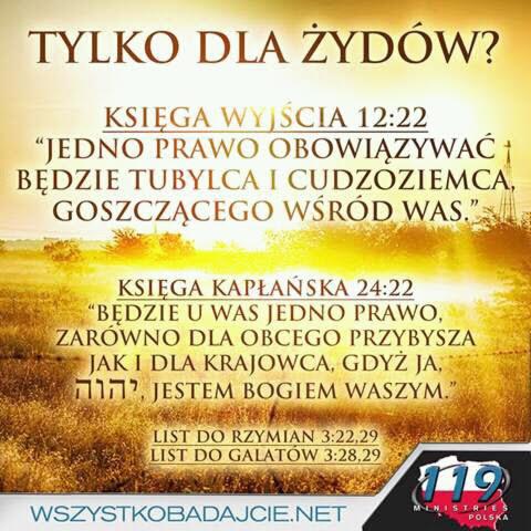 Grafika z pytaniem 'Tylko dla Żydów?' i cytatami z Księgi Wyjścia, Księgi Kapłańskiej, Listu do Rzymian i Listu do Galatów na tle pola z wschodzącym słońcem, w prawym dolnym rogu logo '119...