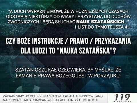 Grafika z cytatem z 1 Listu do Tymoteusza 4:1, pytaniem o to, czy Boże instrukcje to nauka szatańska, i informacją o oszustwie Szatana, z logo 119 Ministries w prawym dolnym rogu.