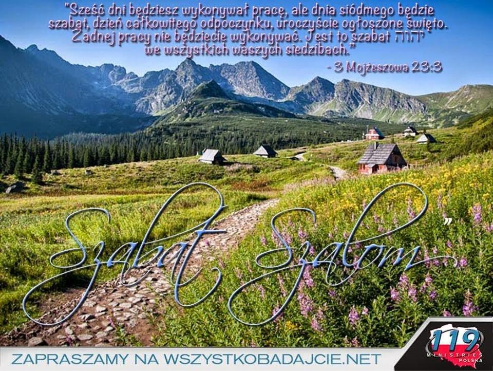 Pejzaż górski z drewnianymi chatami, ścieżką i napisem 'Szabat Szalom' w ozdobnej czcionce, oraz fragmentem tekstu biblijnego i logo '119 Ministries Polska'.