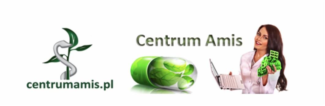 Grafika z logo firmy centrumamis.pl, kapsułką z liśćmi w środku i uśmiechniętą kobietą w fartuchu lekarskim trzymającą zielone tabletki oraz laptop.