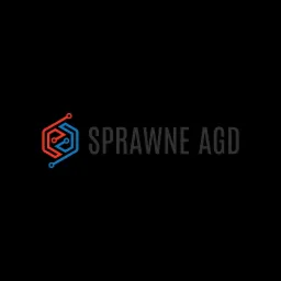 Logo firmy 'Sprawne AGD' przedstawiające abstrakcyjny, geometryczny symbol w kolorach czerwonym i niebieskim, przypominający układ scalony.