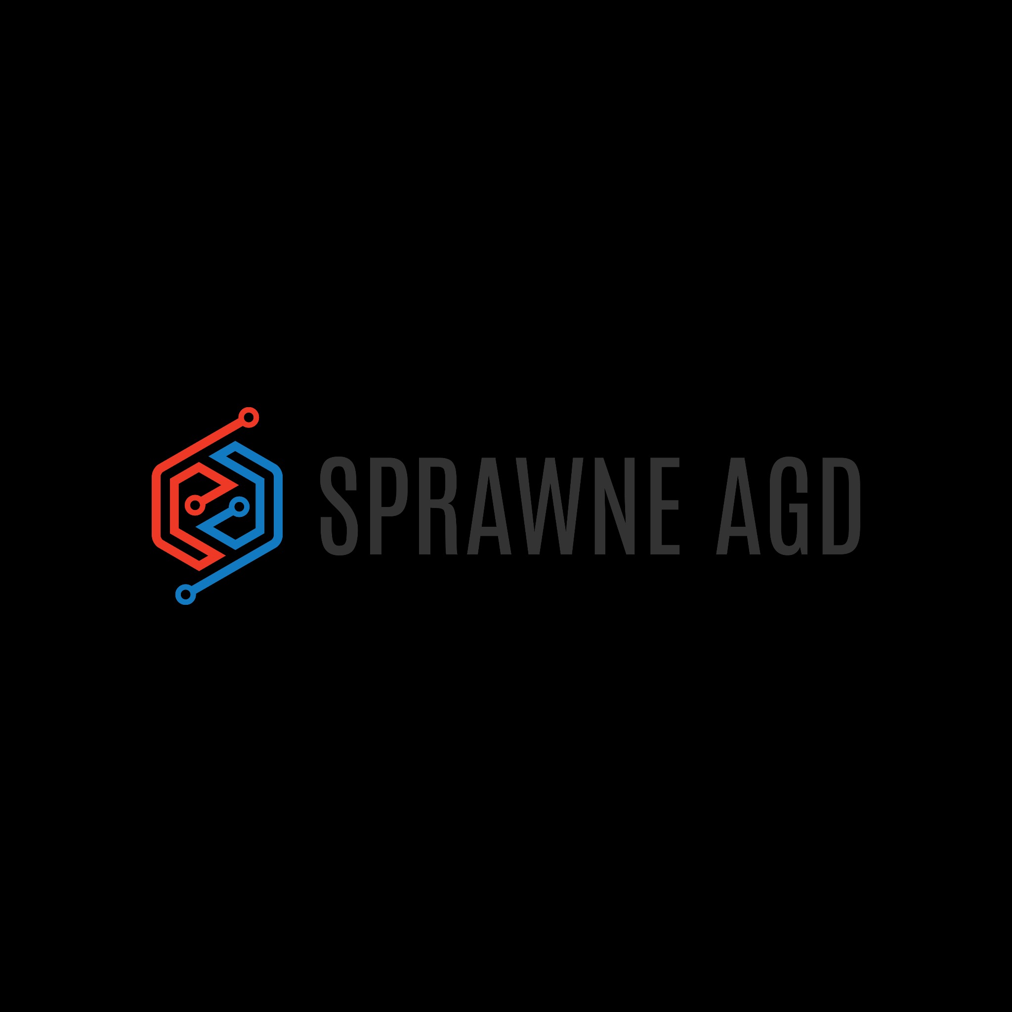 Logo firmy 'Sprawne AGD' przedstawiające abstrakcyjny, geometryczny symbol w kolorach czerwonym i niebieskim, przypominający układ scalony.