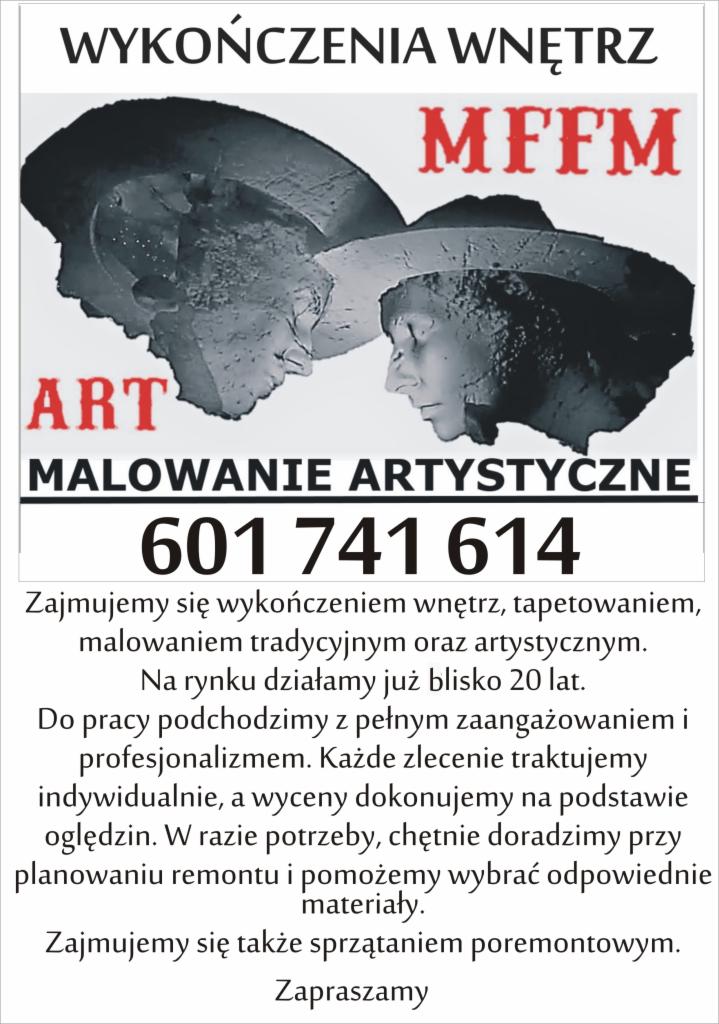 Ogłoszenie firmy oferującej wykończenia wnętrz, malowanie artystyczne, z numerem telefonu i informacją o doświadczeniu.