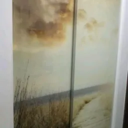 Drzwi przesuwne z nadrukiem krajobrazu: pole trzcin, ścieżka i pochmurne niebo w odcieniach beżu i brązu.