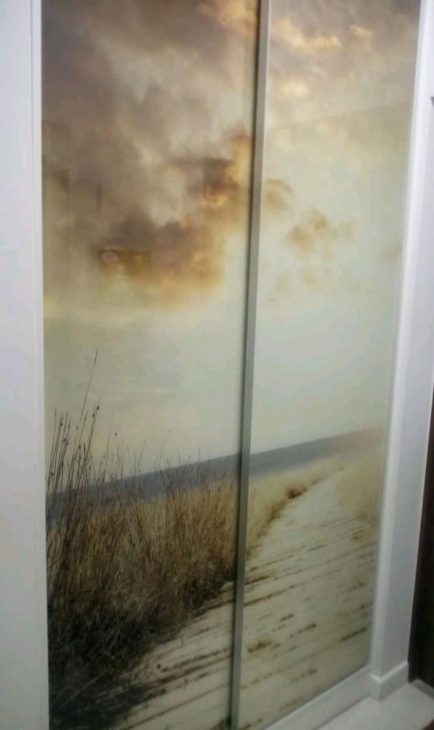 Drzwi przesuwne z nadrukiem krajobrazu: pole trzcin, ścieżka i pochmurne niebo w odcieniach beżu i brązu.