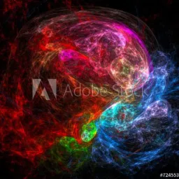 Abstrakcyjna grafika cyfrowa z wirującymi smugami czerwieni, różu, zieleni i błękitu na czarnym tle, przypominająca kosmiczną mgławicę.